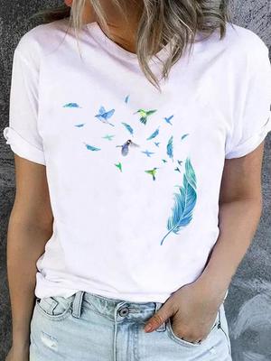 (Asian Size) Women Fashion Printed Casual T Shirt Tee Top Lady Female Feather Style Trend Graphic Short Sleeve T-shirts Clothing