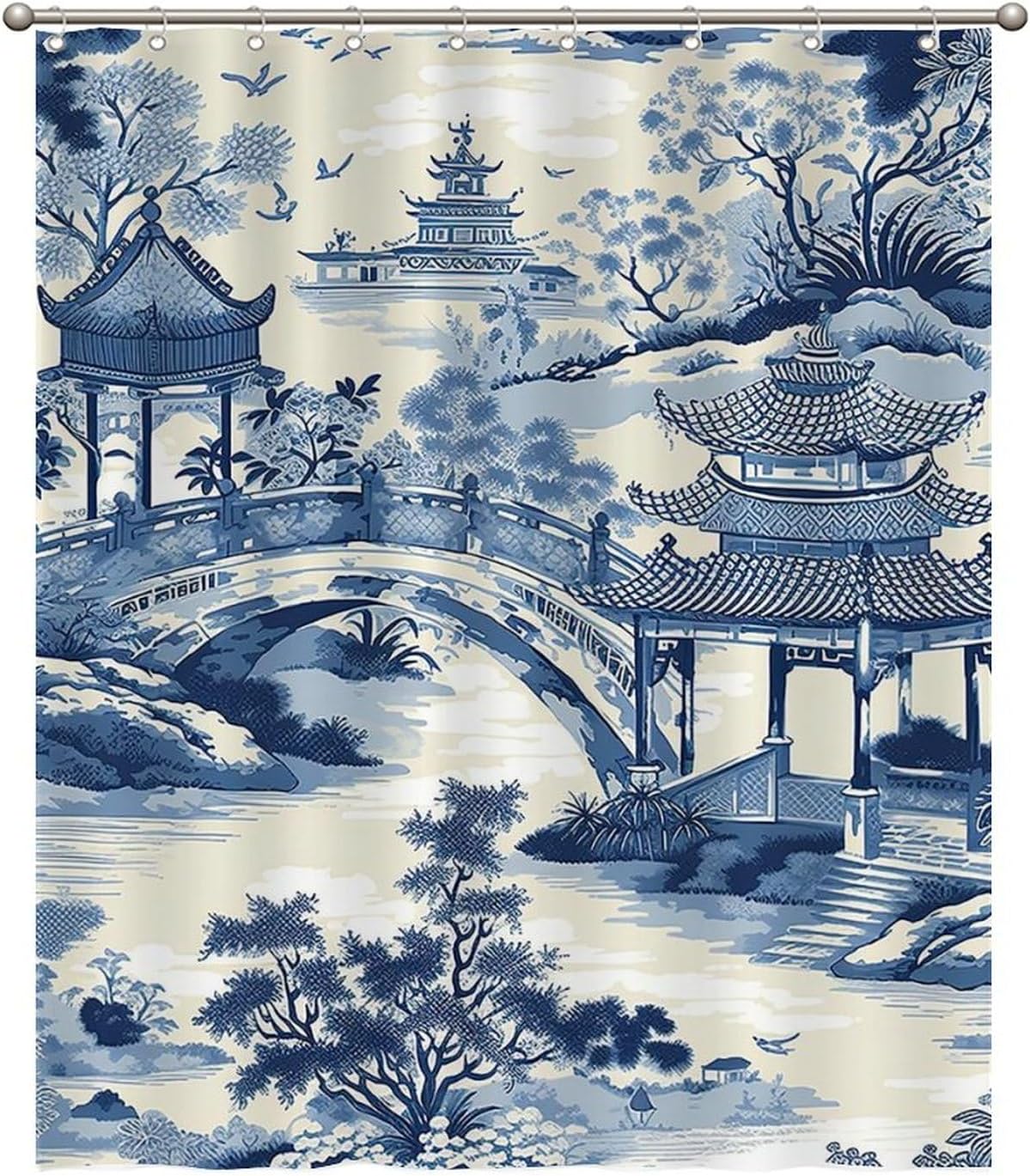

Chinoiserie Blue Pagoda Shower Curtain-Oriental Asian Bathroom Decor Waterproof Polyester With Hooks,Ancient China Garden Design W60H190(CM)-1 Pcs