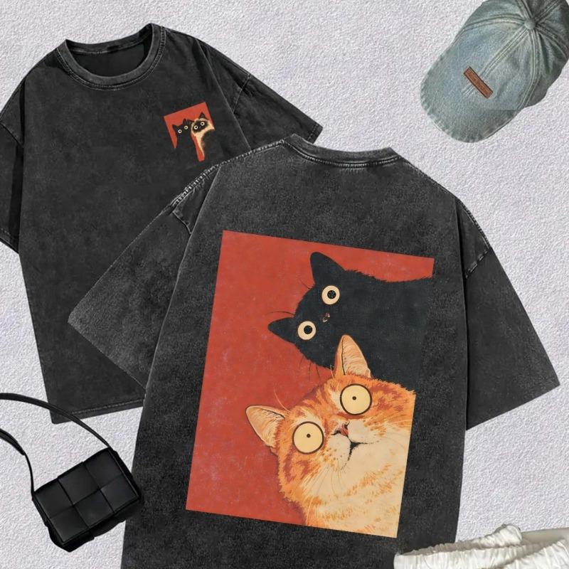 Kawaii Vintage Washed Black Cat Print T-Shirt Korean Style Casual Streetwear Oversized Cotton Tee for Women
