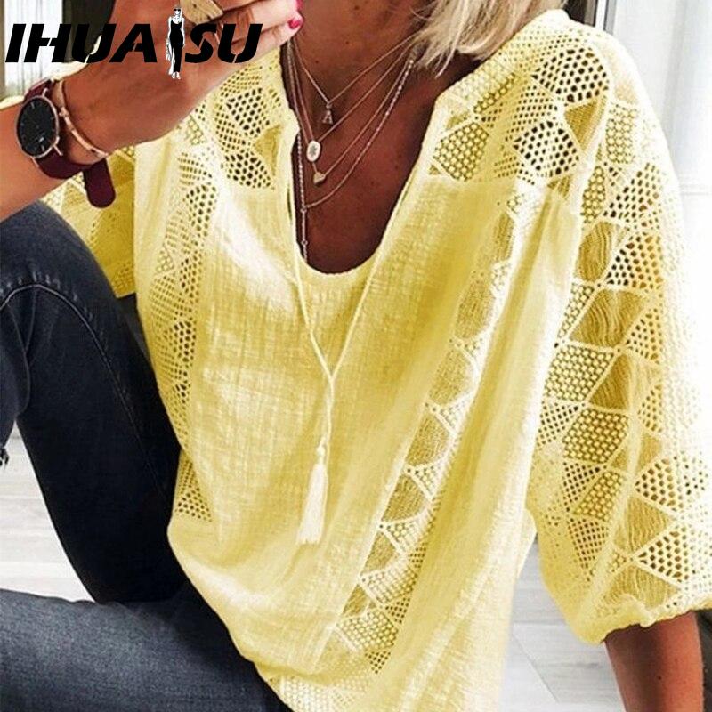 IHUASU Women's Fashion Casual Solid Color Print V Neck Blouses & Shirts