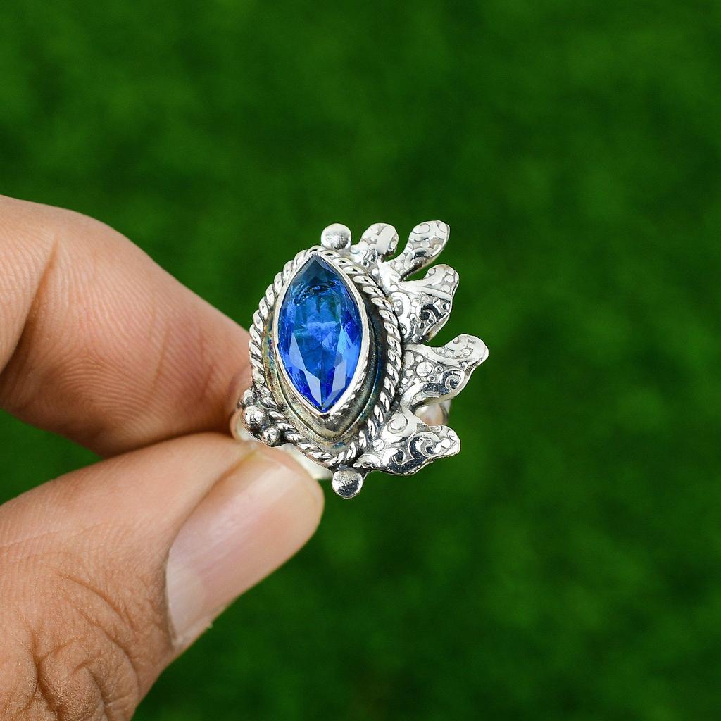 Gift For Her Natural Swiss Blue Topaz Multi Stone Adjustable Ring 925 Silver