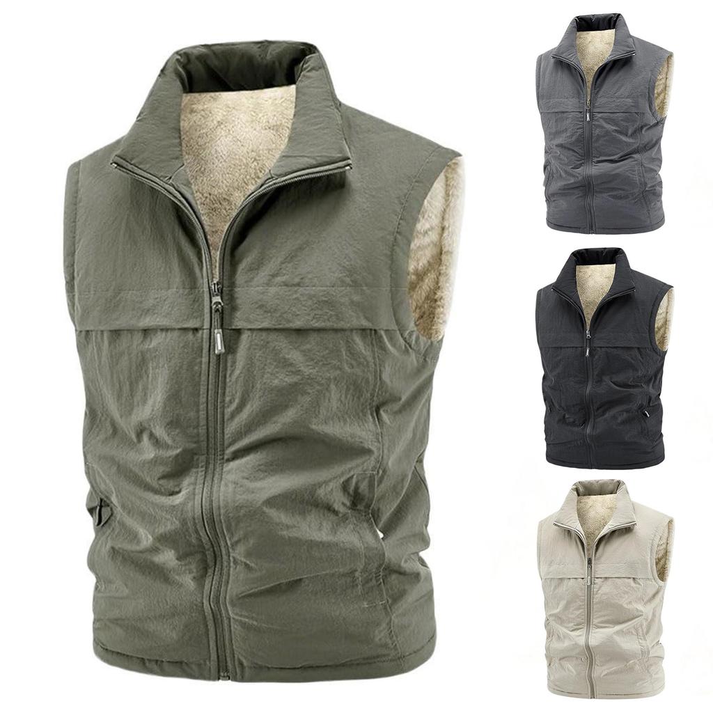 Men's Solid-color Casual Fleece Vest, Men's Fleece Thickened Warm Sleeveless Coat