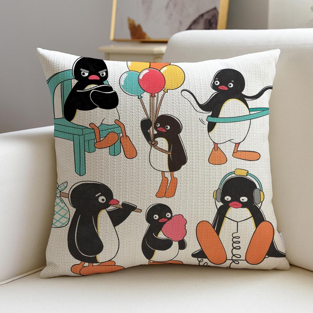 Cute PPinguS Cushion Cover Breathable and skinfriendly linen pillowcase square removable and washable cushion