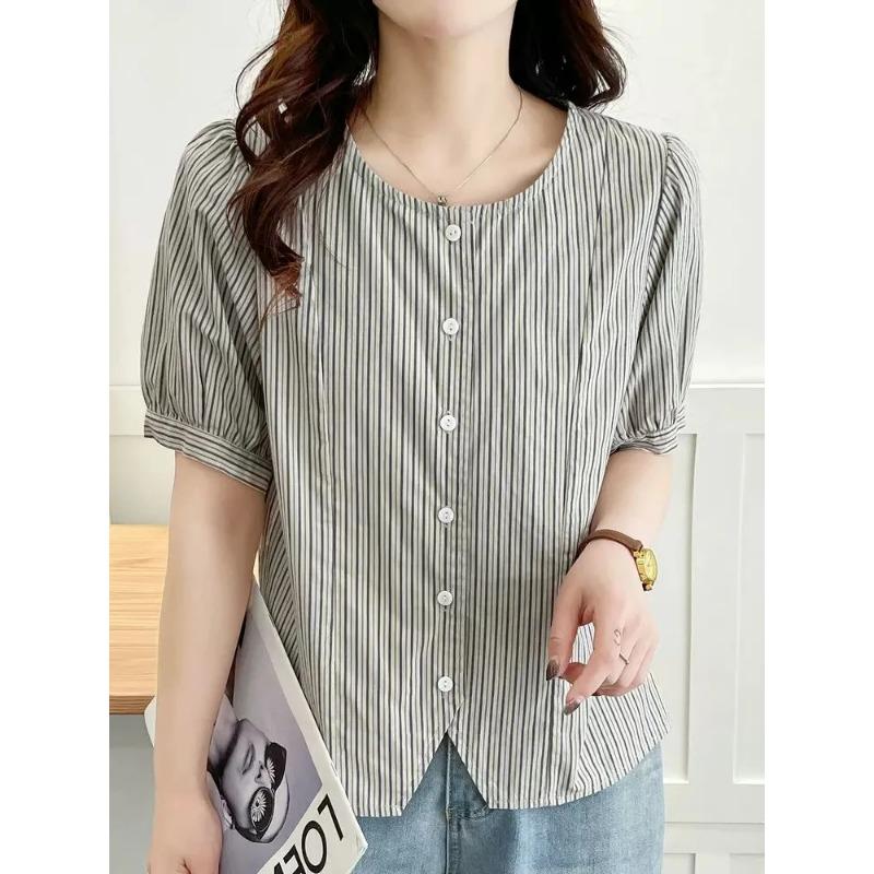 French Striped Short Sleeve Shirt Women New Small Short Top Loose Retro Cardigan
