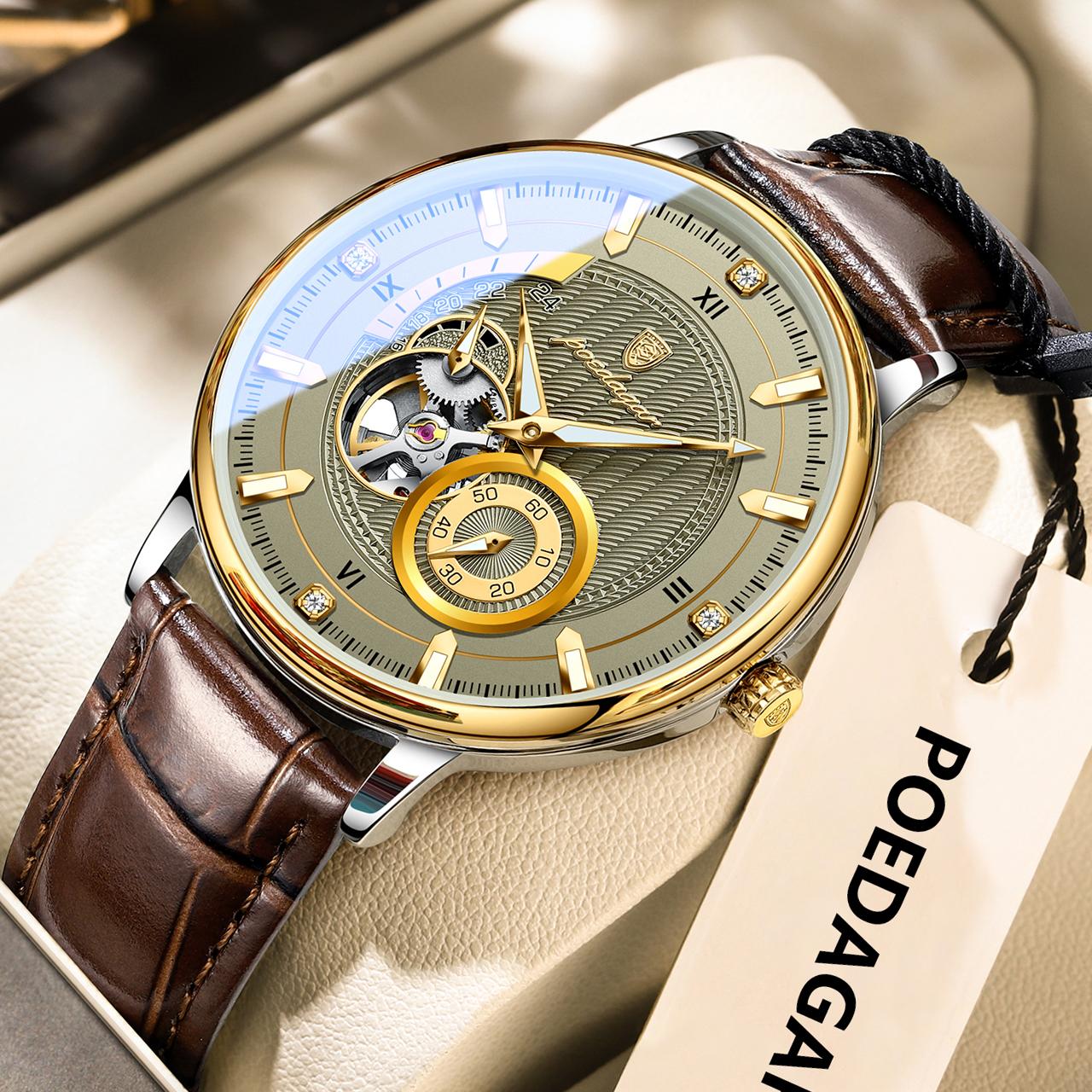 

POEDAGAR Fashion Business Men Watch Waterproof Luminous Hollow Tourbillon Male Clock Automatic Mechanical Leather Watches серый/золотой