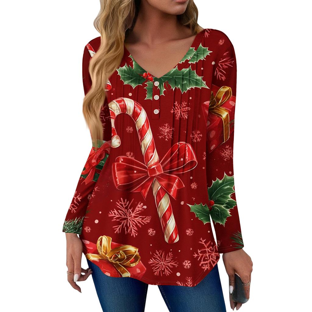 Women's Fashion Casual Christmas Tree Print V-Neck Decorative Button Long Sleeve T-Shirt Top