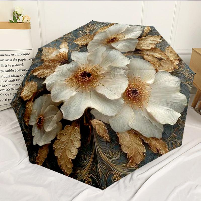 

Floral Elegance In Gold And Blue 8-Frame for Travel, camping, Casual Lightweight Portable Umbrella, Essential for every family Holidays Birthday Gift
