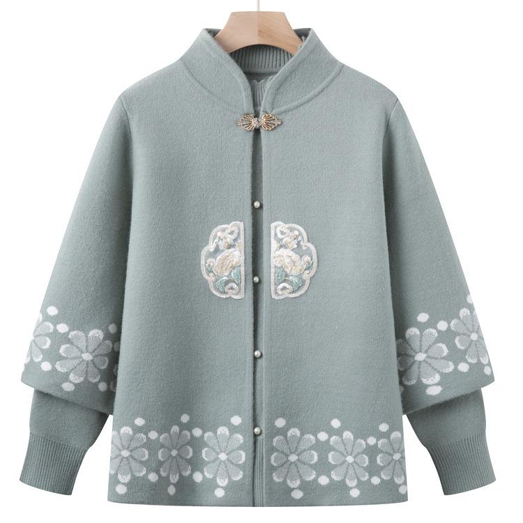 

Куртка-свитер Костюм в новом китайском стиле для женщин среднего и пожилого возраста Вязаный комплект из двух предметов Одежда для мамы на осень Осенне-зимний кардиган Новый стиль 3XL