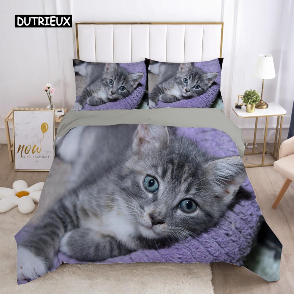 Cat Duvet Cover Set Lovely Animal Kitten Printed Quilt Cover Kids Teens Girl Animal Double Queen King Size Polyester Bedding Set