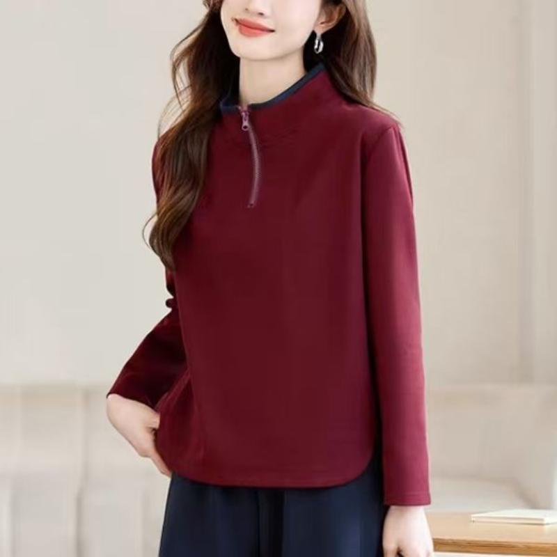 Women Spring Autumn New Style Hoodie Solid Color Casual Versatile Half Zip Stand Collar Elegant Stylish Pullover Top