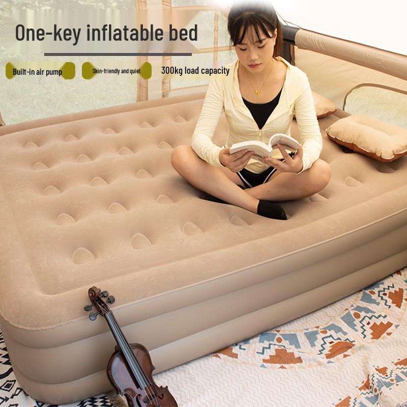 Portable Inflatable Air Mattress with Built-in Pump - Single/Double Camping Flocking Bed