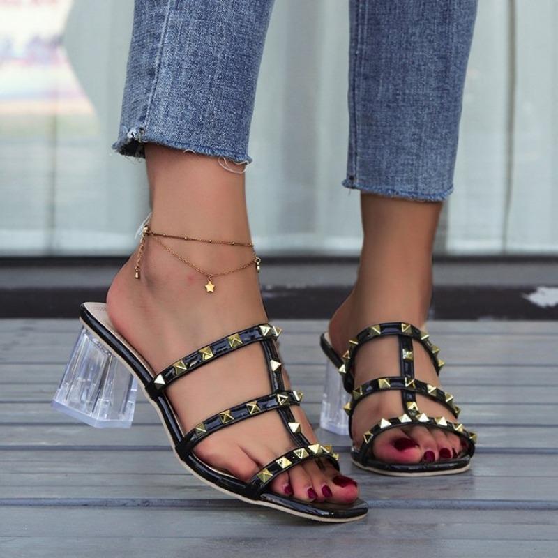 Large size sandals summer crystal heel with skirt slippers women's summer outer wear rivet sandals women's middle heel