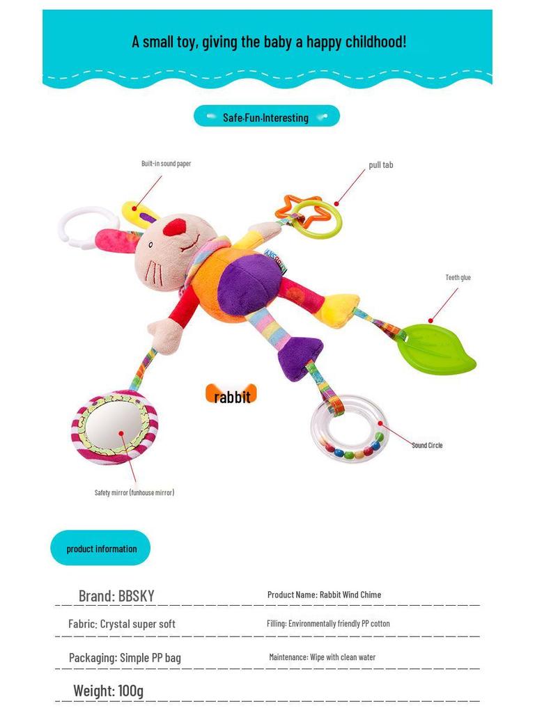 BBSKY Adorable Cartoon Animal Baby Crib Mobile & Teething Plush Rattle Toy