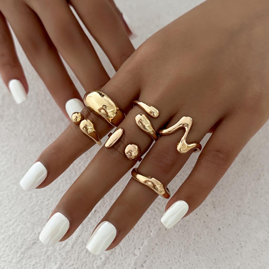 Salircon 6Pcs/set Vintage Irregular Gold Color Open Ring for Women Classic Geometry Smooth Metal Finger Ring Couple Jewelry Gift