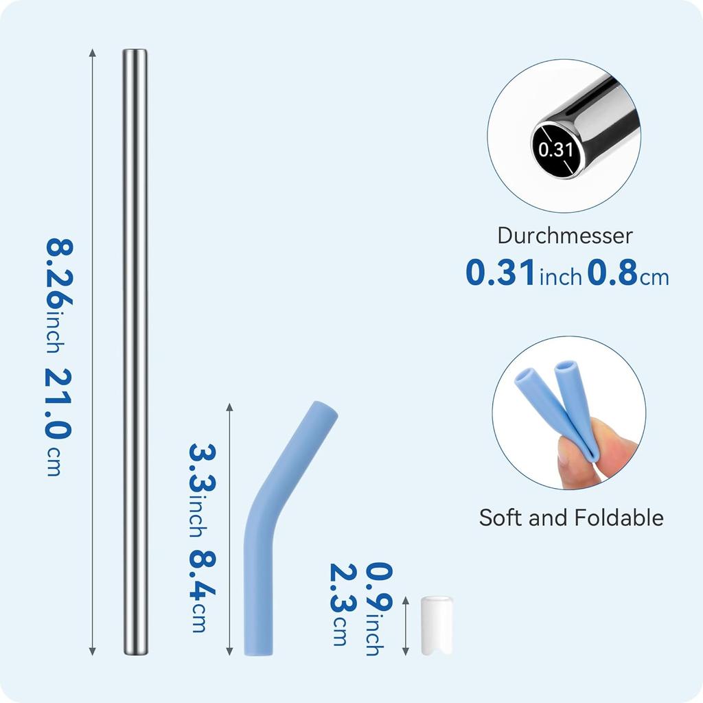 Stainless Steel Straws with Silicone Tips,Reble Metal Straws for 20 oz Tumblers & 16 oz Glass Cups,8.26" Long 0.31" Wide Drinking Straw,BPA-Free &