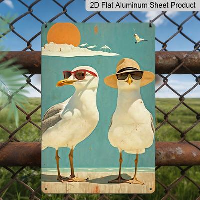 2D Flaches 8×12 Zoll Vintage Küstenmöwe Metallschild - Skurrige Küstenwanddekoration, Aluminium zum Aufhängen für Strandhaus, Terrasse oder Nautischen Raum, Geschenk