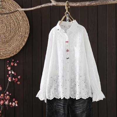 Autumn Cotton Embroidery Shirts Women Lapel Collar Bow Tops Girl Long Sleeve Loose Blouses Age Reduction Spring