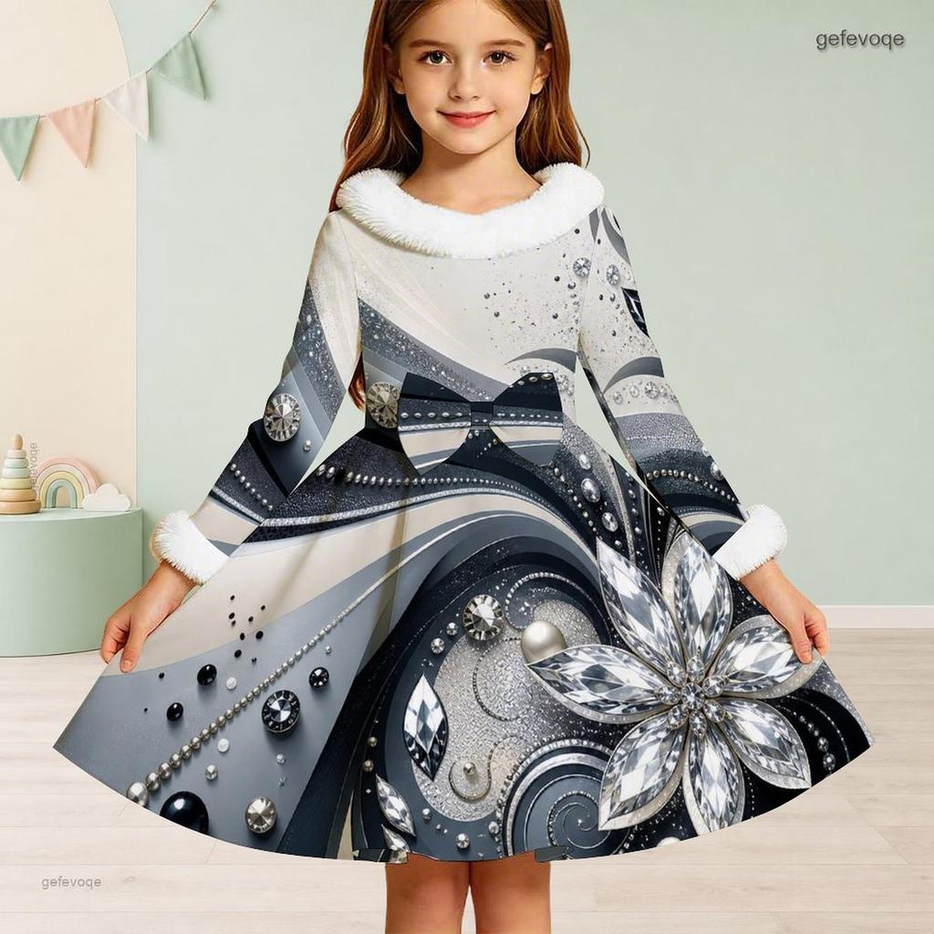 Girls Black Printed High Neck Long Sleeve A Line Flared Dress With White Fur Trim