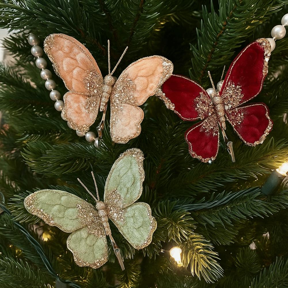 Flocking Butterfly Christmas Flower DIY Christmas Tree Decoration  Xmas New Year