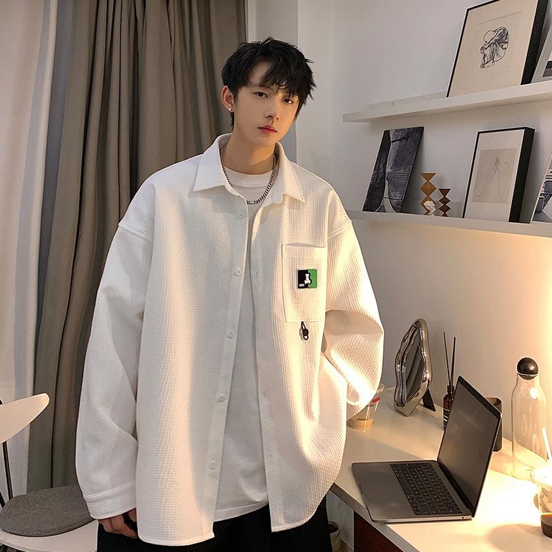 

Осенняя вафельная рубашка с длинным рукавом, мужская повседневная рубашка для подростков, мужская верхняя рубашка, куртка M белый