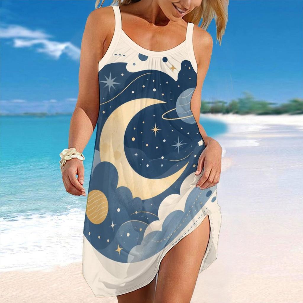 Women Spaghetti Strap Beach Dress V Neck Pleated Loose Mini Dress Custom Print Ladies Vacation Cover Up Dress
