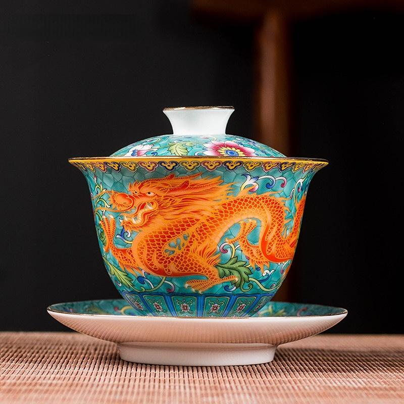 Ceramics Sancai Gaiwan Bowl Dragon and Phoenix Master Cup Tea Cup Handmade Enamel Color Tea Bowl High-end Respect Tea Set