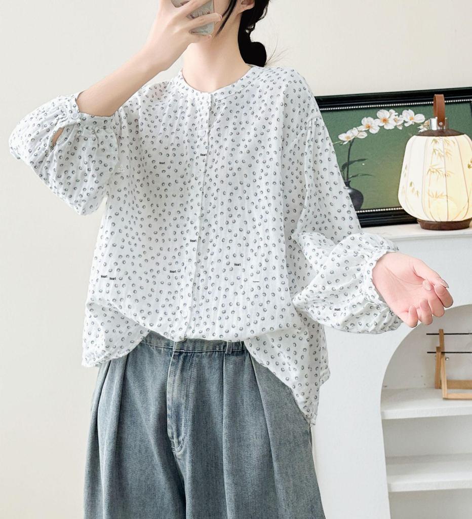 2026 Early Spring Women's Japanese Style Floral Cotton Gauze Lantern Sleeve Top