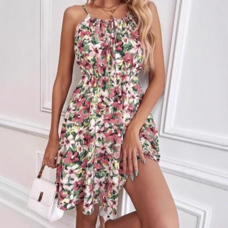 Women's Summer Floral Print Spaghetti Strap Mini Dress Tie Front Elastic Waist Sleeveless Casual Beach Sundress