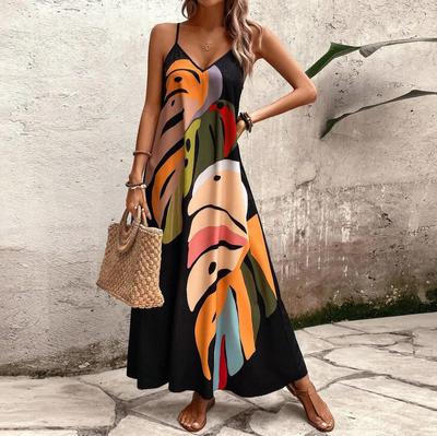Women Casual Print Dress Sexy Spaghetti Strap V Neck Long Dresses Fashion Boho Beach Loose Dresses Robe Femmer Summer New Dress