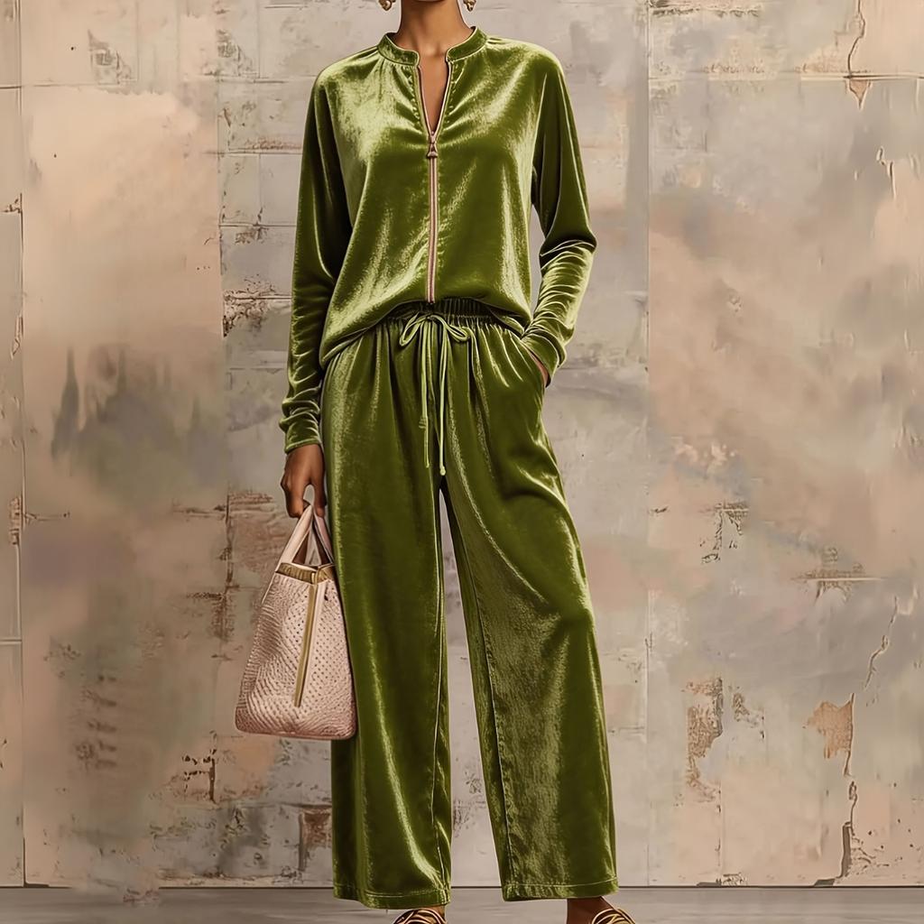 Women's Velour Hoodie and Wide Leg Pants Set High Waist Flowy Suit with Draping Fabric