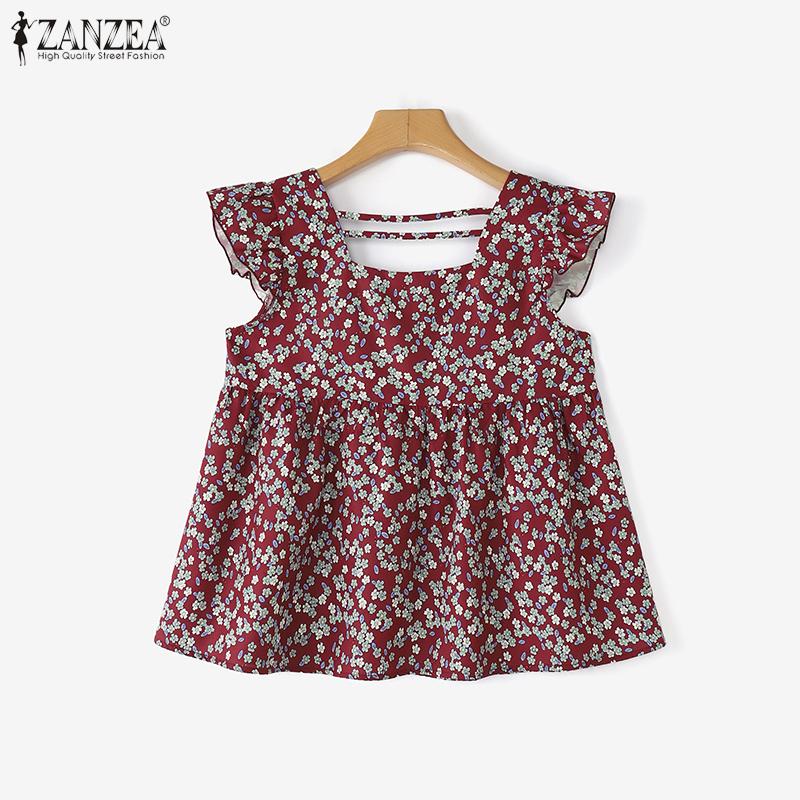 ZANZEA Women Casual Square Collar Cap Sleeve Summer Floral Blouse