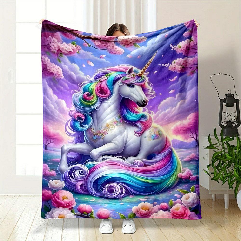 Majestic Rainbow Unicorn in Blossom Scene Patterned blanket, flannel, suitable for all seasons, home decor, warm and cozy