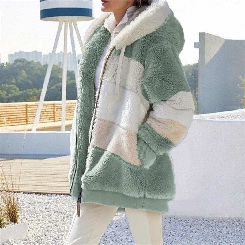 Winter Thickening Warm New Fashion Women Jacket Stitching Plaid Ladies Coats Casual Hooded Loose Plush Zipper Ladies Clothes