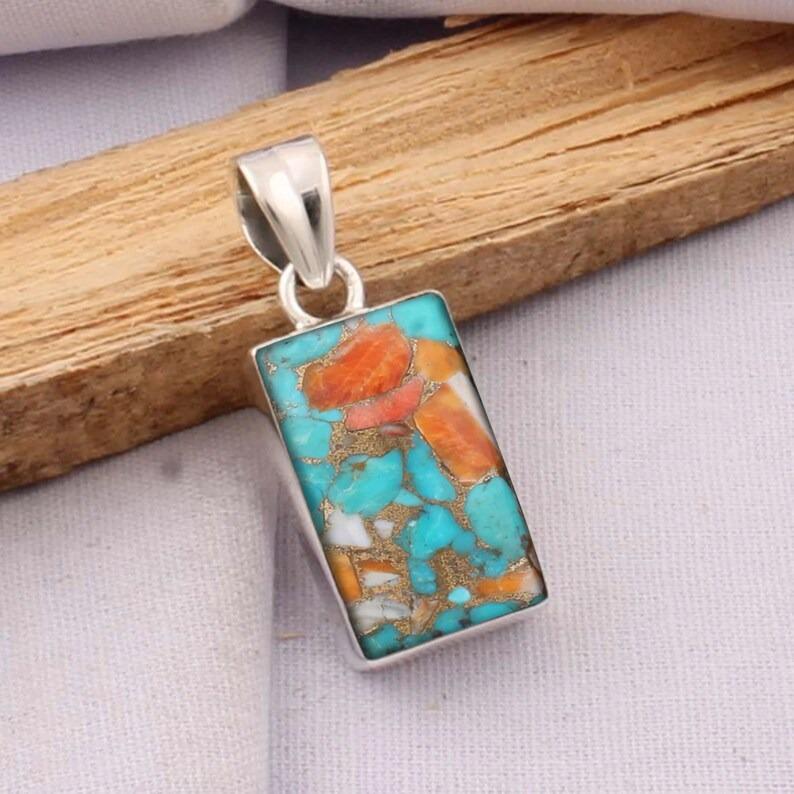 

Прямоугольный кулон из меди и бирюзы Oyster, подвеска из твердого серебра 925 пробы, уникальный подарок, подарок унисекс, украшения из бирюзы