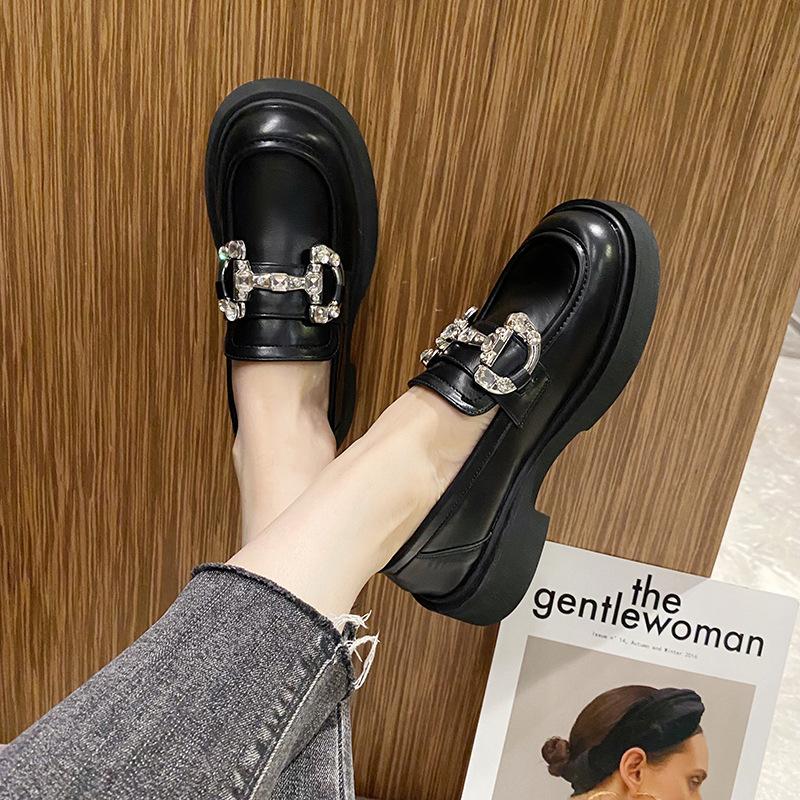Plateau-Loafer Damen 2025 Frühling neu dicker Absatz schwarz Einzelne Schuhe Retro höhenerhöhend kleine Lederschuhe