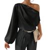 Autumn And Winter Temperament Sloping Shoulder Long Sleeved Sexy Off Shoulder Loose Cut Sloping Collar Design Top