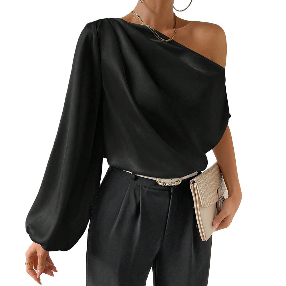 Autumn And Winter Temperament Sloping Shoulder Long Sleeved Sexy Off Shoulder Loose Cut Sloping Collar Design Top