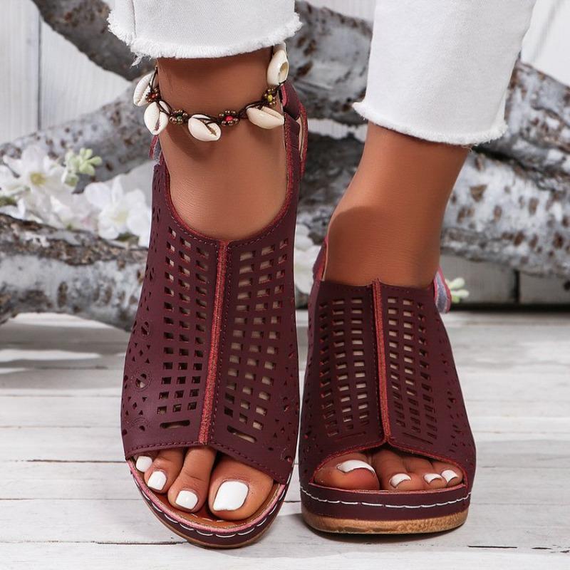 Summer new large size wedge heel sandals women's hollow Velcro sandals