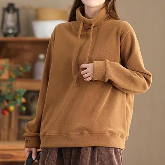 WTEMPO Soild Color Large Size High Collar Thick Drawstring Fleece Pullovers Women Autumn Winter Warm Long Sleeve Pullovers