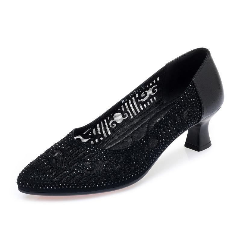 Women Cute Square Heel Shoes For Party Night Club Lady Black Mesh Breathable Spring Summer Office Pumps Temperament Casual