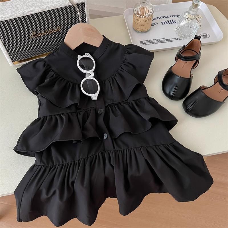 Girls Summer Black Dress With Ruffle Flutter Sleeves Tiered Cake Skirt Unique Design Elegant Party Dress For Kids 90cm чёрный