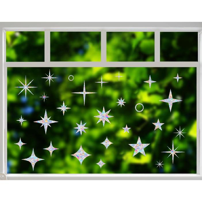 AREAWA Star Window Clings, Anti-Collision Window Decals to Save Birds, Non-Adhesive Rainbow Stickers (30)