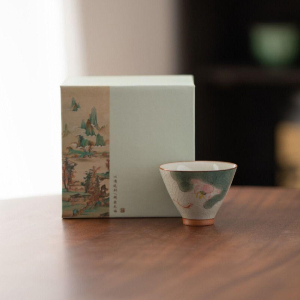 Hand-painted Ge Kiln Ceramic Tea Cup Lotus Graphic Chinese Kung Fu Tea Cup Underglaze Colored Retro Tea Tasting Cups Tea Making