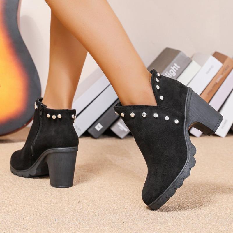Large Size High Heel Fashion Boots Women's New Round Head Thick Heel Rhinestone Women's Boots