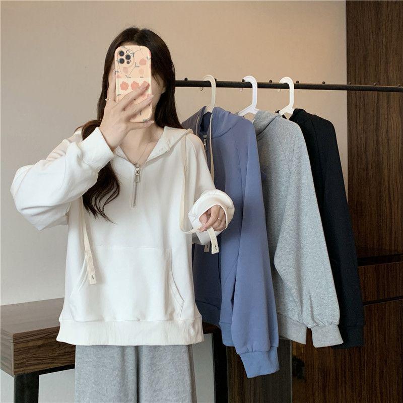 2025 Fall/Winter Women's Korean-Style Loose Half-Zip Hoodie with Slimming Velvet