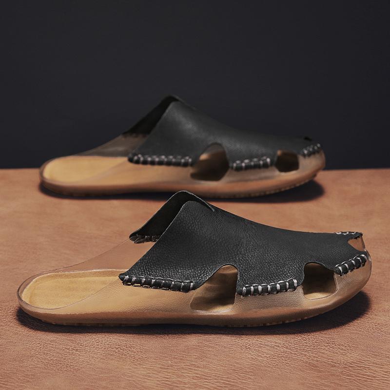 TUINANLE Hausschuhe Herren Lässig Einfach Leder Sandalen Sommer Hohe Qualität Bequem Rutschfest Mules Sandalen für Herren