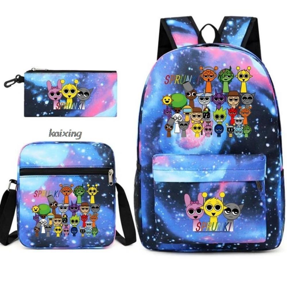 3 st Nytt Sprunki Anime-tryck Ryggsäcksset, Med Tote och Pouch, Stor Kapacitet Lättviktig Och Andningsbar Utomhusryggsäck