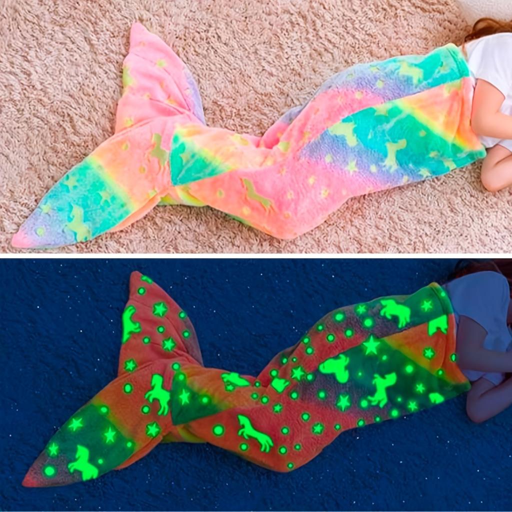 Glow-in-the-Dark Mermaid Starry Night Sleeping Bag - Soft Flannel Rainbow Blanket for Cozy Bedtime Comfort