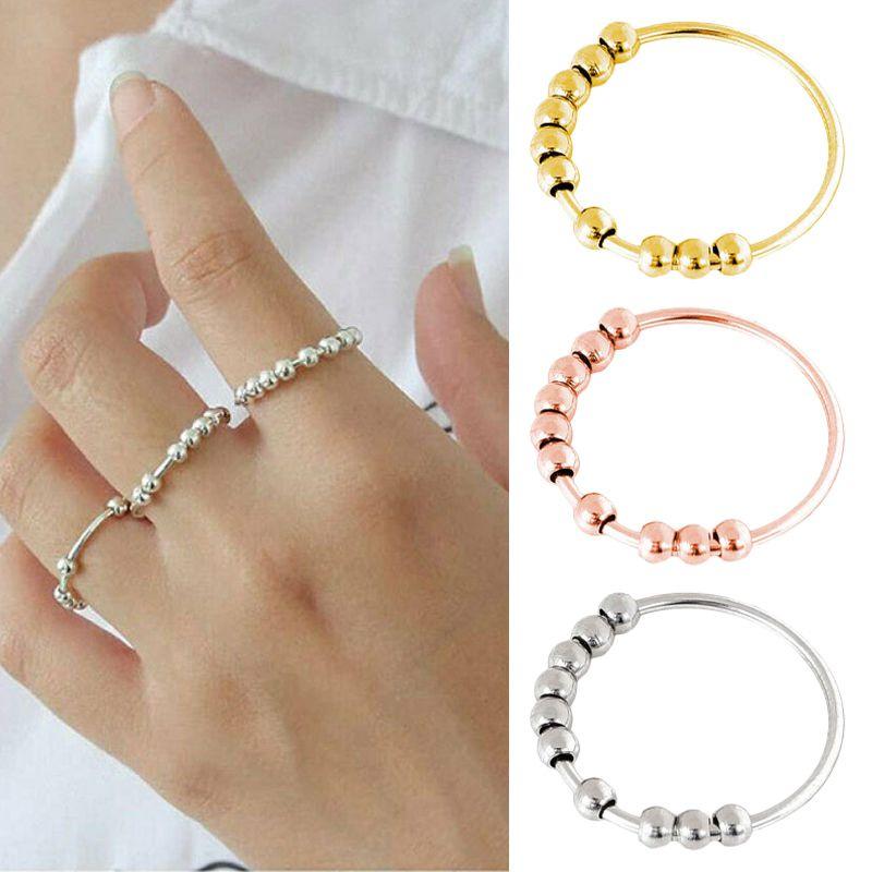 Silver Rotatable Sterling Beaded Finger Ring For Antistress Anxiety Gifts Ring