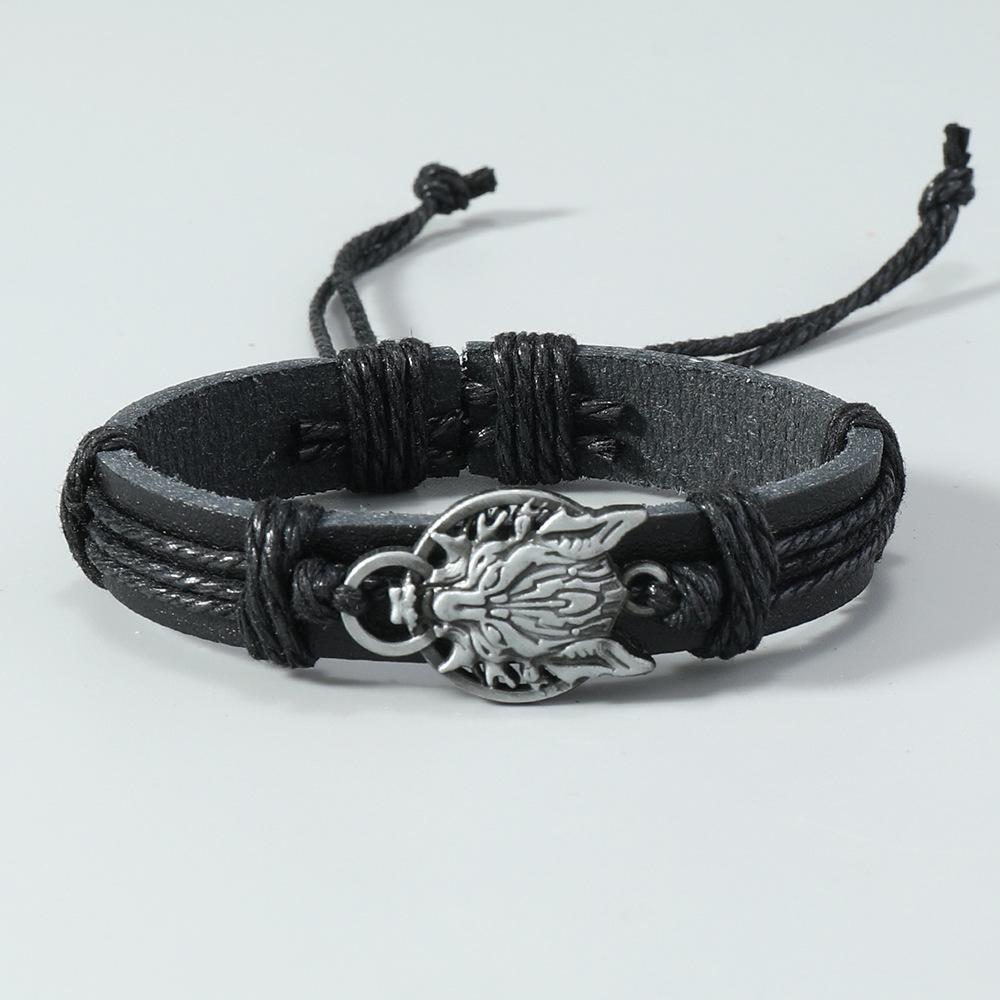 Retro Wolf Head Charm Bracelet for Men Handwoven Leather Adjustable Punk Style Bracelet Simple Jewelry Gift
